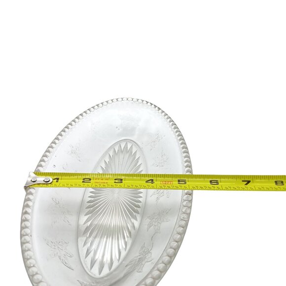 Vintage Oval Glass Serving Dish With Floral Etching & Beaded Rim - Picture 5 of 5
